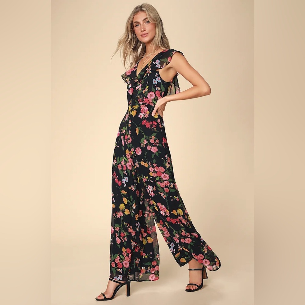 Lulus Blooming Love Black Floral Print Sleeveless Ruffle Jumpsuit
